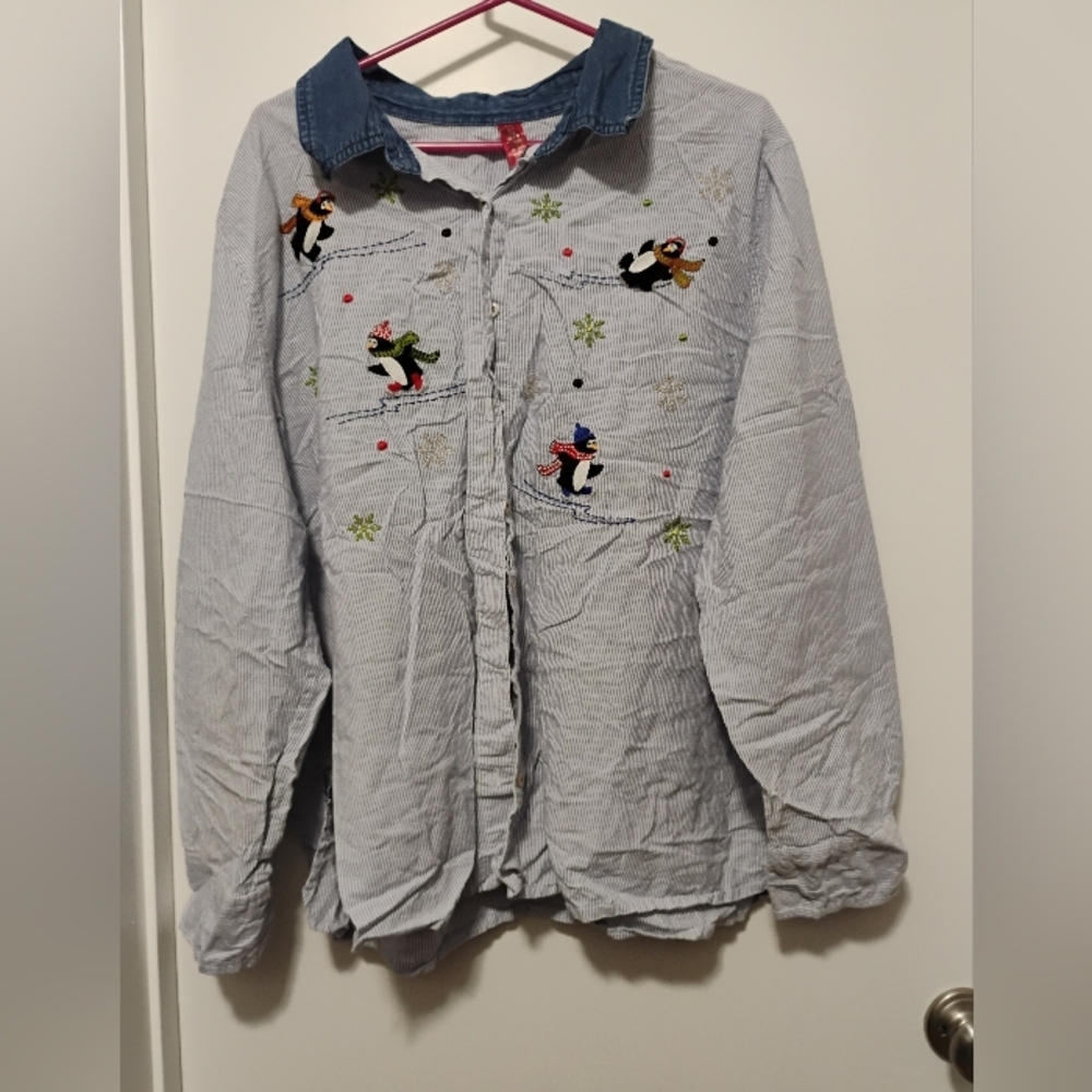 Vintage Striped Shirt with Penguin Embroidery
